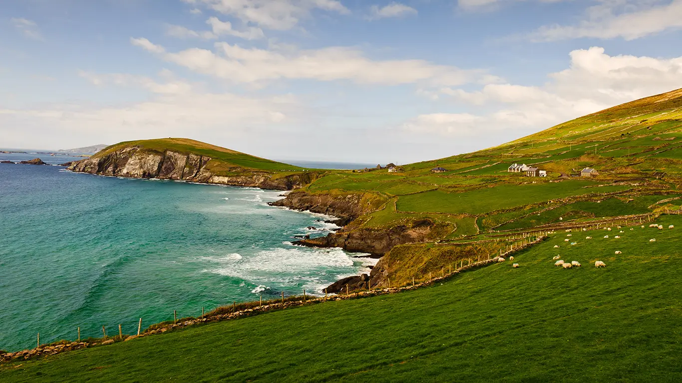 Scenic view of Ireland shoreline with rolling green hills dotted with sheep and farms.