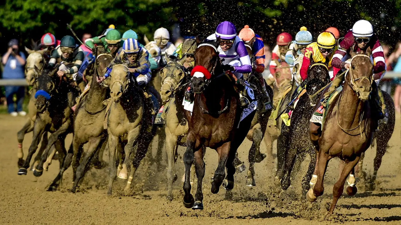 The Kentucky Derby Lexington Horse Farm Package - horses racing with jockeys in bright colored outfits.
