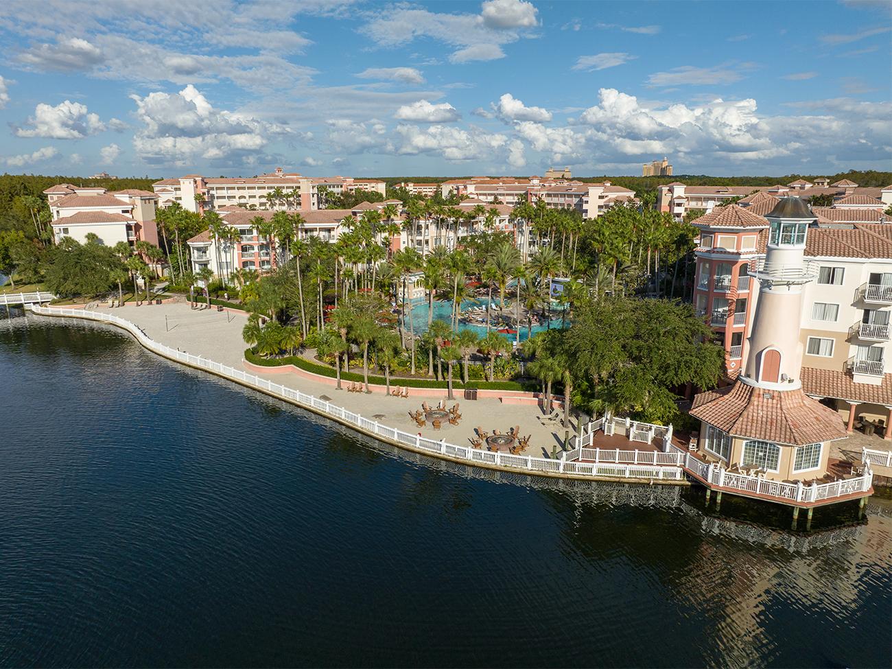 Exterior of Grande Vista resort timeshare showing canal, lighthouse and pool