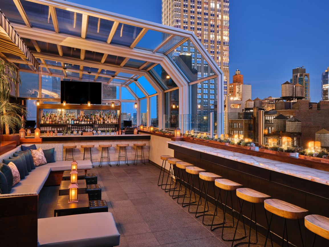 View of Empire State building from rooftop bar at Marriott Vacation Club timeshare in New York City