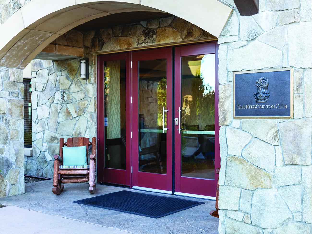 Main entrance recessed doorway to The Ritz-Carlton Club Lake Tahoe resort timeshare