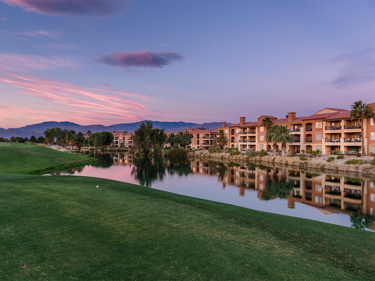 Golf course and pond at dusk at Marriott's Shadow Ridge I Villages resort timeshare