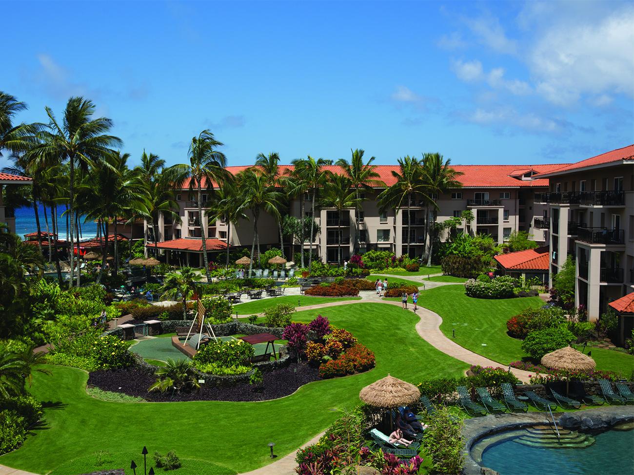 Aerial of exterior and gardens of Marriott's Waiohai Beach Club timeshare resort