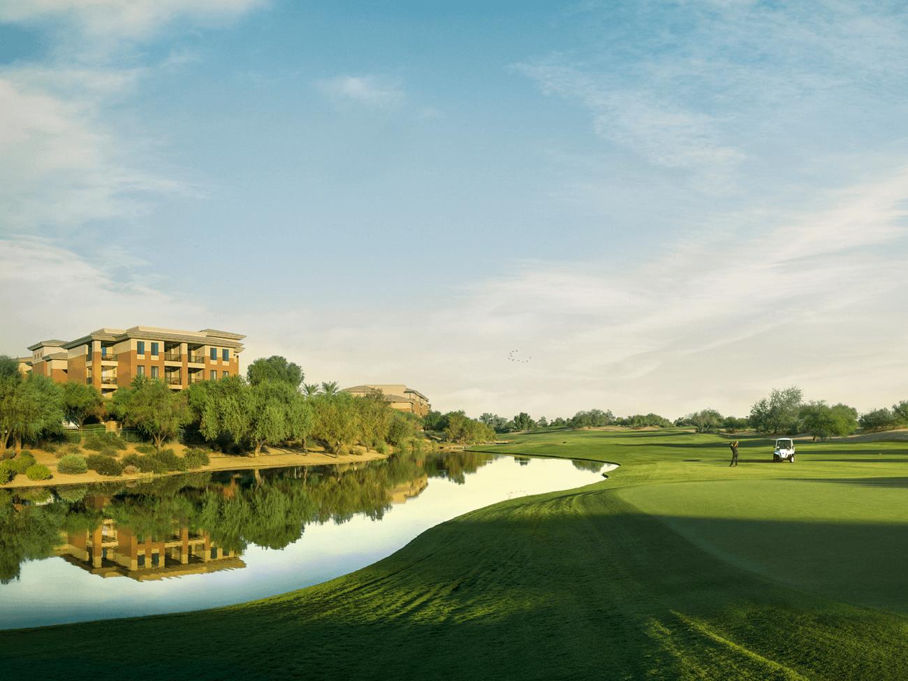Exterior of Westin Kierland Villas Golf Club, Scottsdale, Arizona showing golf course and resort timeshare building